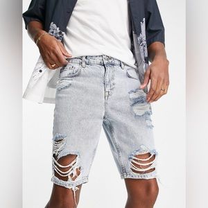 ASOS DESIGN slim denim shorts in light blue wash with heavy rips